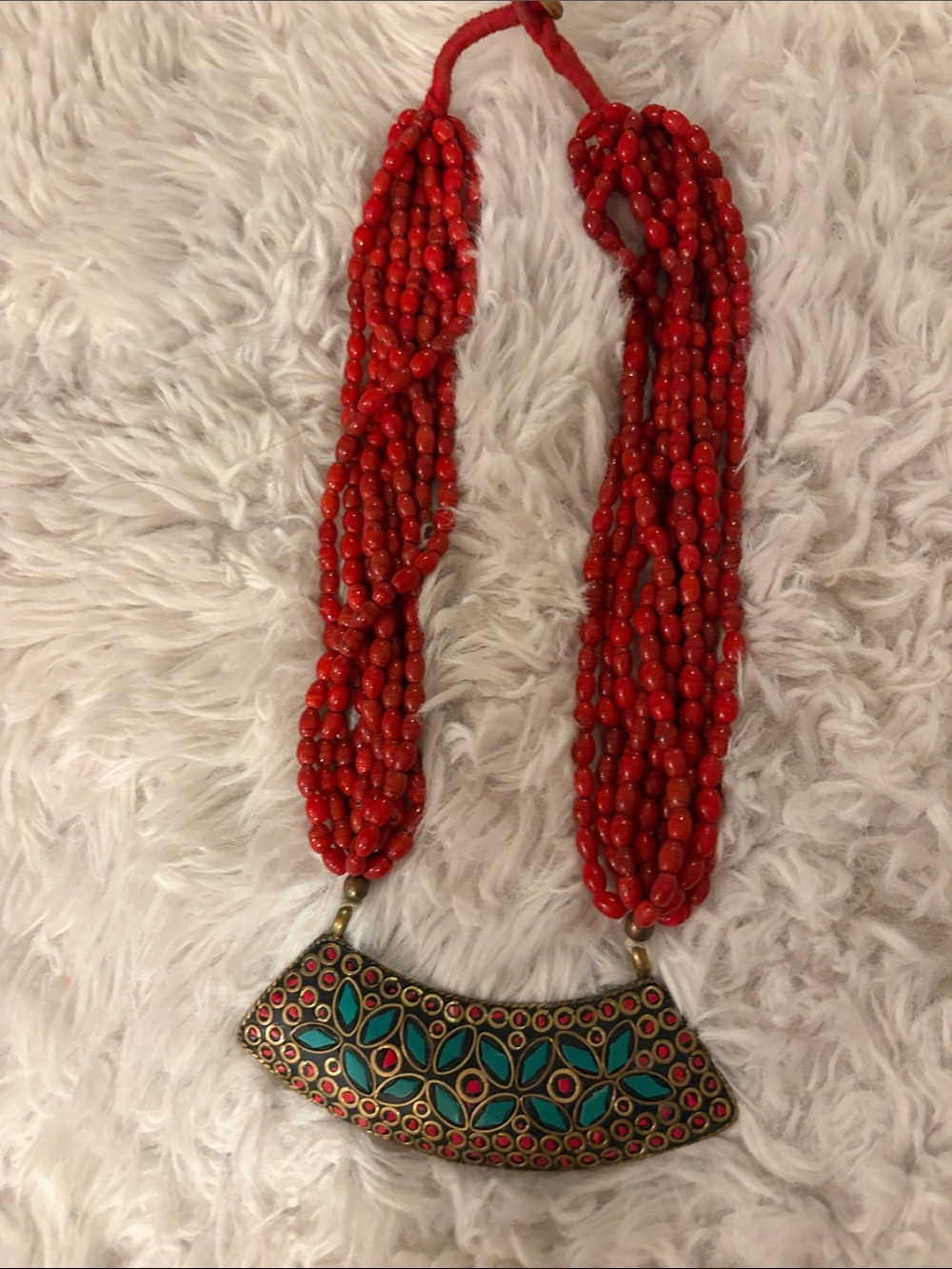 Boho Red Beaded Multi-Strand Necklace with Turquoise Accent Pendant